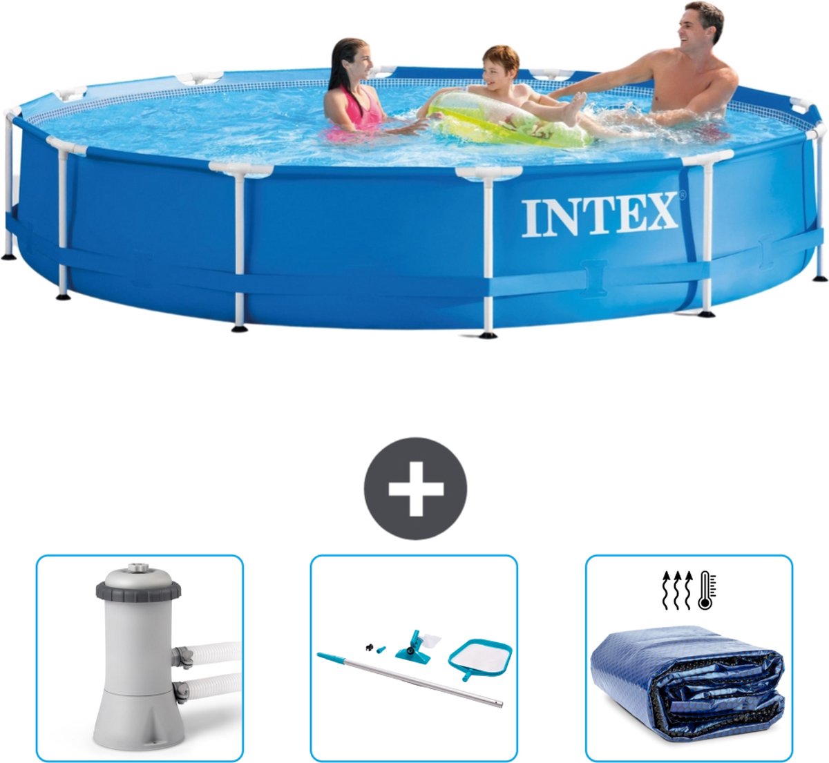Intex Rond Frame Zwembad - 366 x 76 cm - Blauw - Inclusief Zwembadfilterpomp - Schoonmaakset - Solarzeil