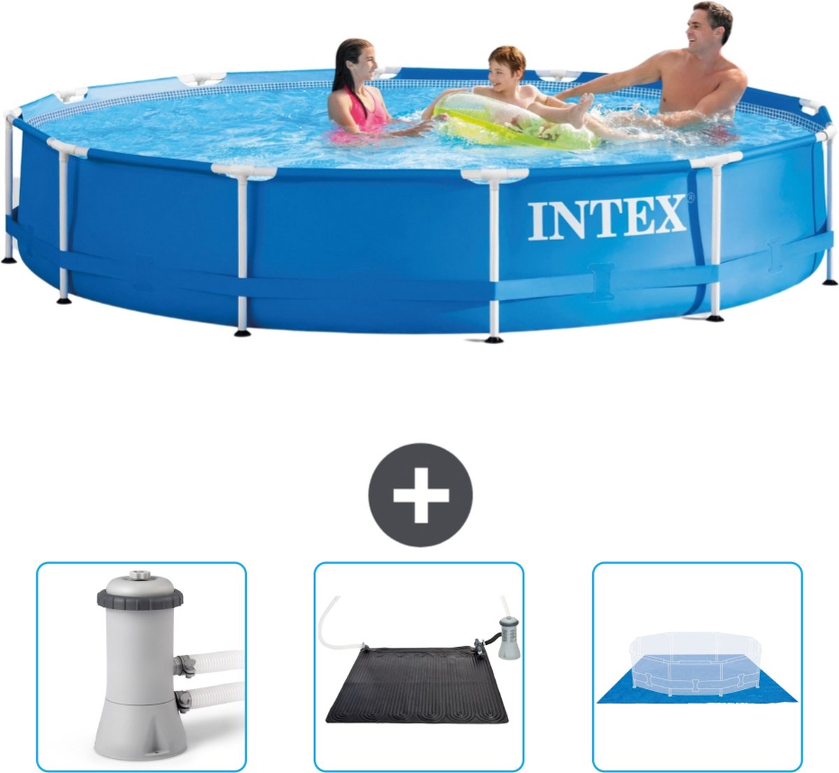 Intex Rond Frame Zwembad - 366 x 76 cm - Blauw - Inclusief Zwembadfilterpomp - Solar Mat - Grondzeil