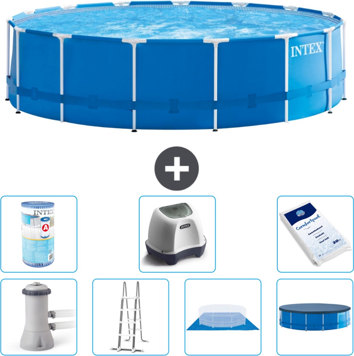 Intex Rond Frame Zwembad - 457 x 122 cm - Blauw - Inclusief Pomp - Ladder - Grondzeil - Afdekzeil Filter - Zoutwatersysteem - Zwembadzout