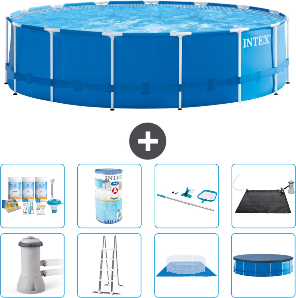 Intex Rond Frame Zwembad - 457 x 122 cm - Blauw - Inclusief Pomp - Ladder - Grondzeil - Afdekzeil Onderhoudspakket - Filter - Schoonmaakset - Solar Mat