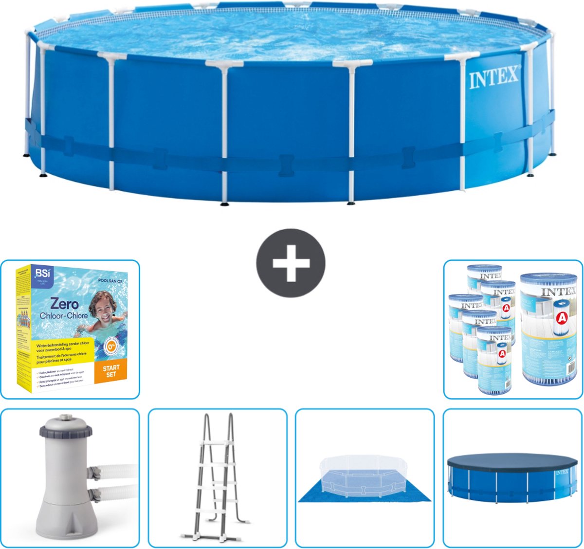 Intex Rond Frame Zwembad - 457 x 122 cm - Blauw - Inclusief Pomp - Ladder - Grondzeil - Afdekzeil Onderhoudspakket - Filters
