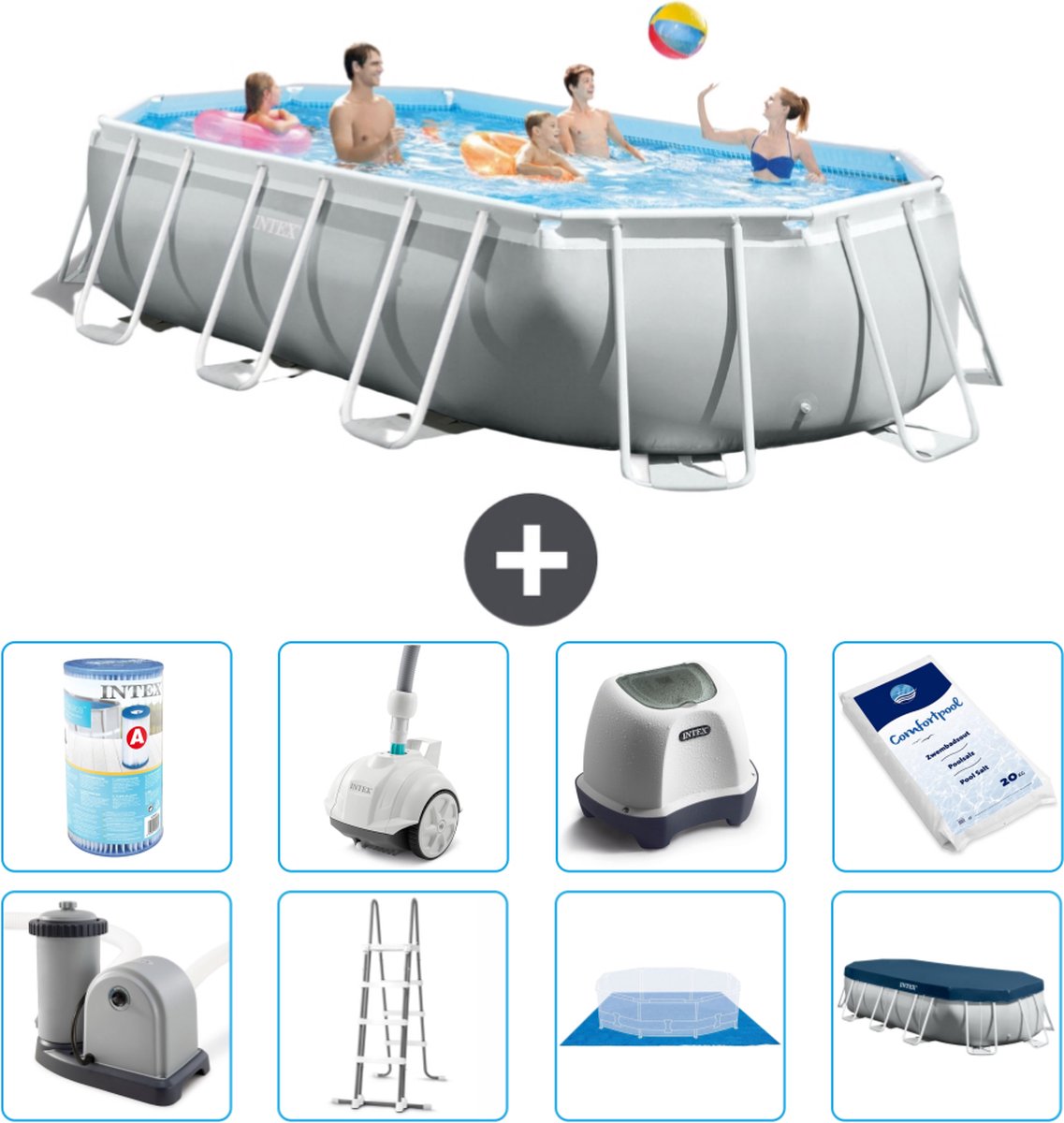 Intex Ovaal Prism Frame Zwembad - 503 x 274 x 122 cm - Grijs - Inclusief Pomp - Ladder - Grondzeil - Afdekzeil Filter - Stofzuiger - Zoutwatersysteem - Zwembadzout