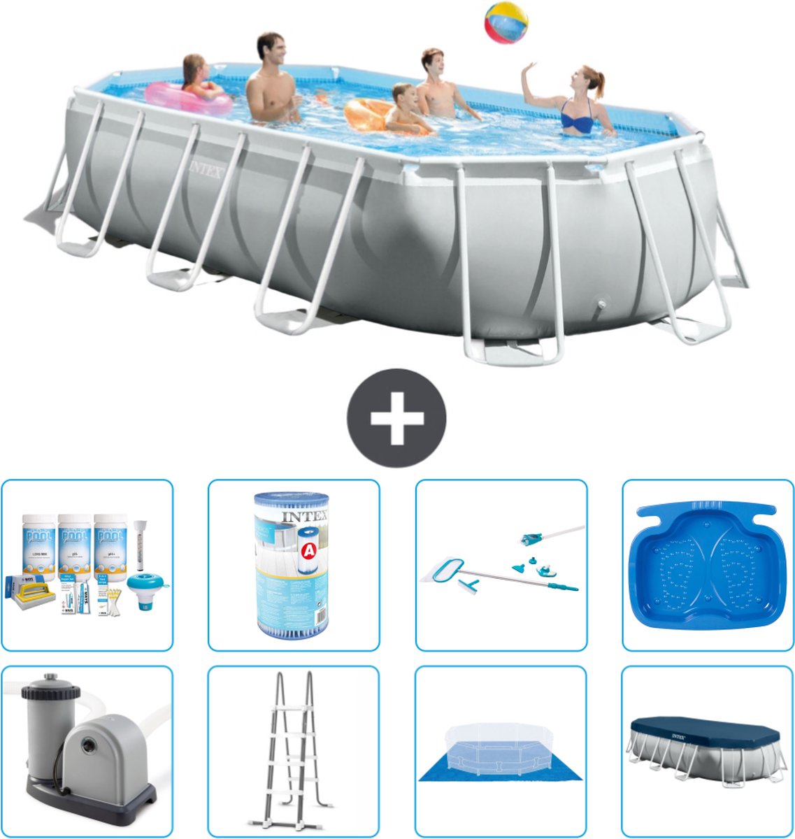 Intex Ovaal Prism Frame Zwembad - 503 x 274 x 122 cm - Grijs - Inclusief Pomp - Ladder - Grondzeil - Afdekzeil Onderhoudspakket - Filter - Schoonmaakset - Voetenbad
