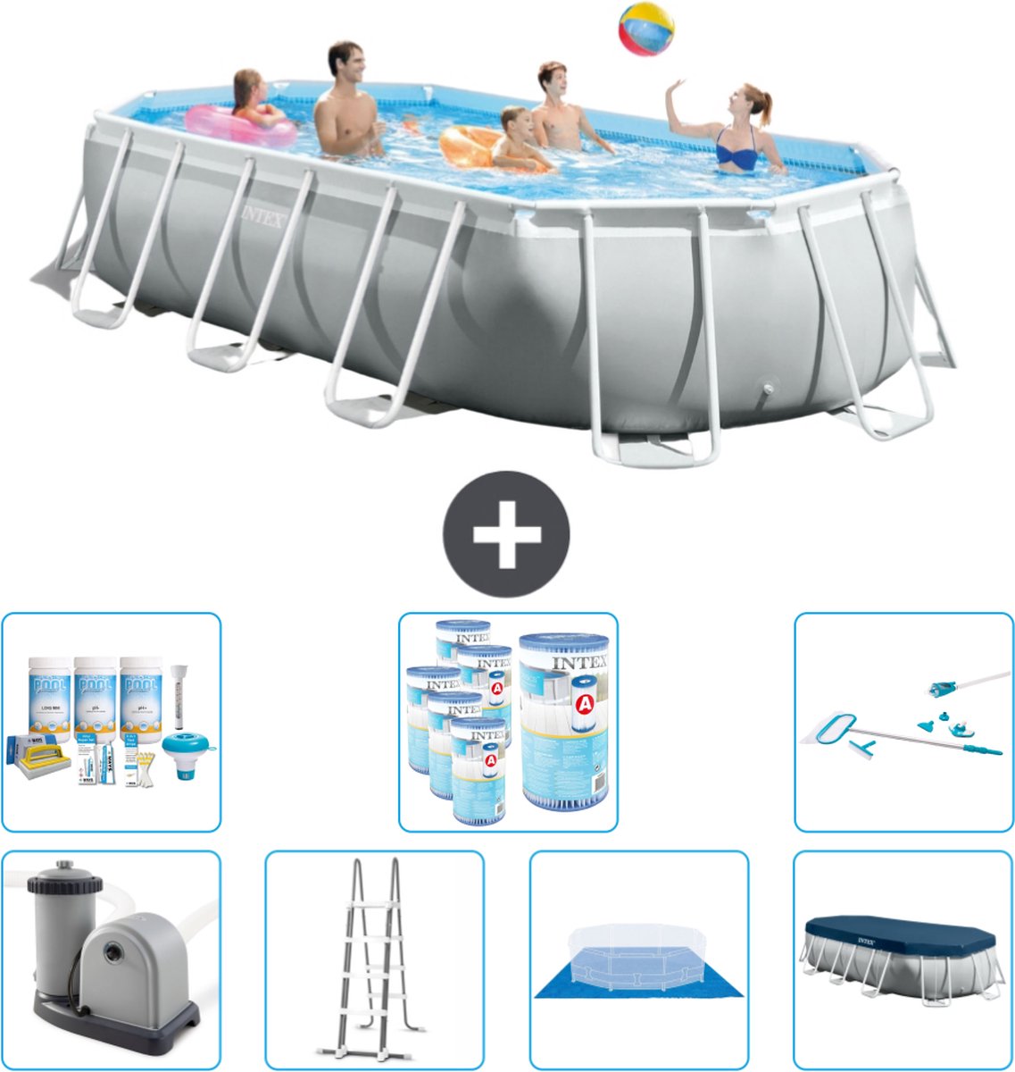 Intex Ovaal Prism Frame Zwembad - 503 x 274 x 122 cm - Grijs - Inclusief Pomp - Ladder - Grondzeil - Afdekzeil Onderhoudspakket - Filters - Schoonmaakset