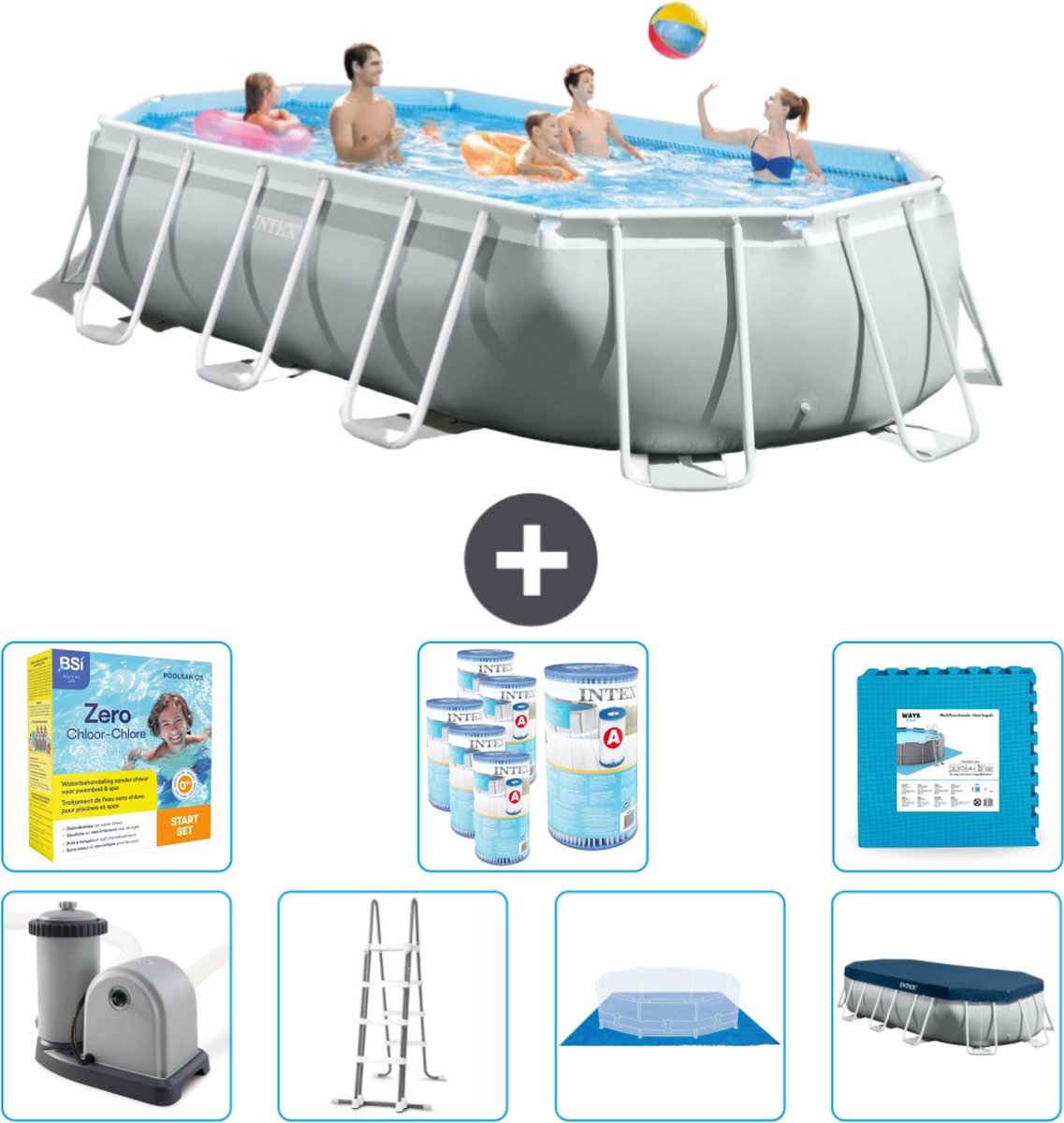 Intex Ovaal Prism Frame Zwembad - 503 x 274 x 122 cm - Grijs - Inclusief Pomp - Ladder - Grondzeil - Afdekzeil Onderhoudspakket - Filters - Vloertegels