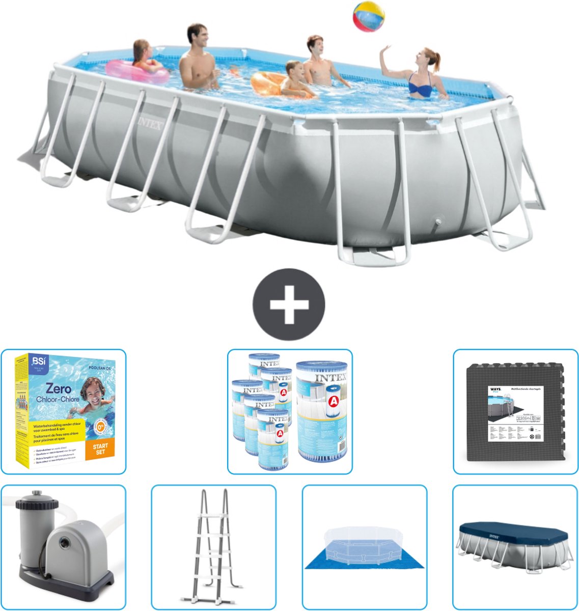 Intex Ovaal Prism Frame Zwembad - 503 x 274 x 122 cm - Grijs - Inclusief Pomp - Ladder - Grondzeil - Afdekzeil Onderhoudspakket - Filters - Vloertegels