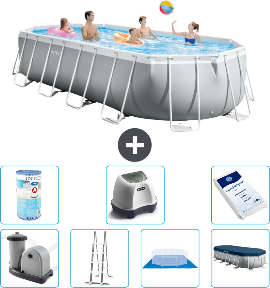 Intex Ovaal Prism Frame Zwembad - 610 x 305 x 122 cm - Grijs - Inclusief Pomp - Ladder - Grondzeil - Afdekzeil Filter - Zoutwatersysteem - Zwembadzout