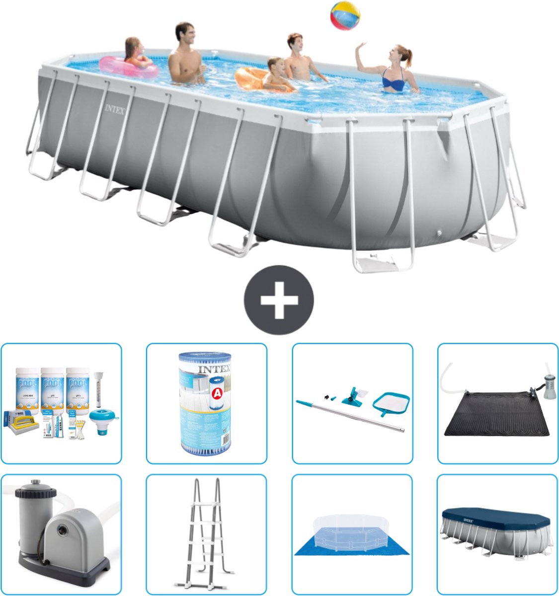 Intex Ovaal Prism Frame Zwembad - 610 x 305 x 122 cm - Grijs - Inclusief Pomp - Ladder - Grondzeil - Afdekzeil Onderhoudspakket - Filter - Schoonmaakset - Solar Mat