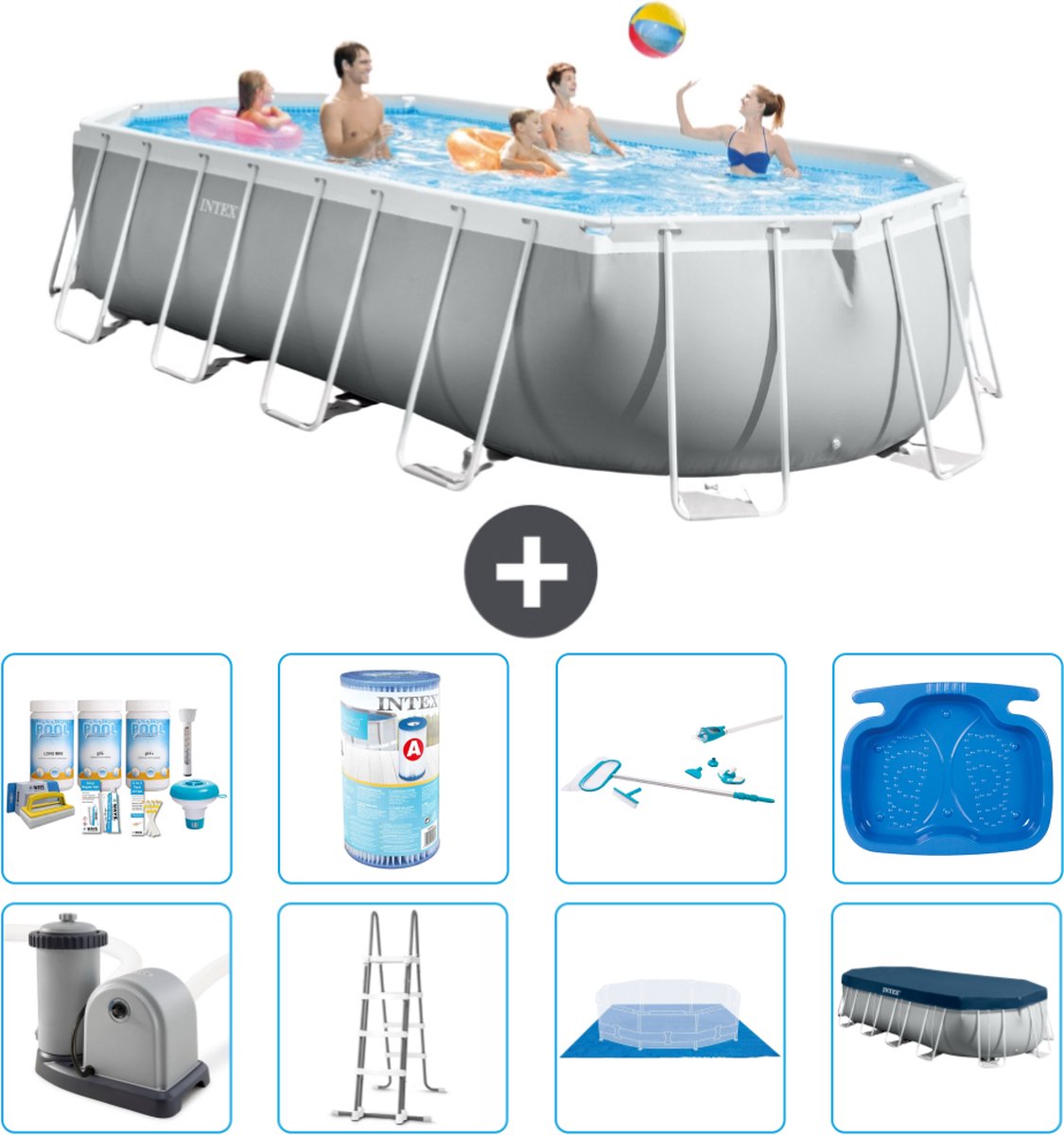 Intex Ovaal Prism Frame Zwembad - 610 x 305 x 122 cm - Grijs - Inclusief Pomp - Ladder - Grondzeil - Afdekzeil Onderhoudspakket - Filter - Schoonmaakset - Voetenbad