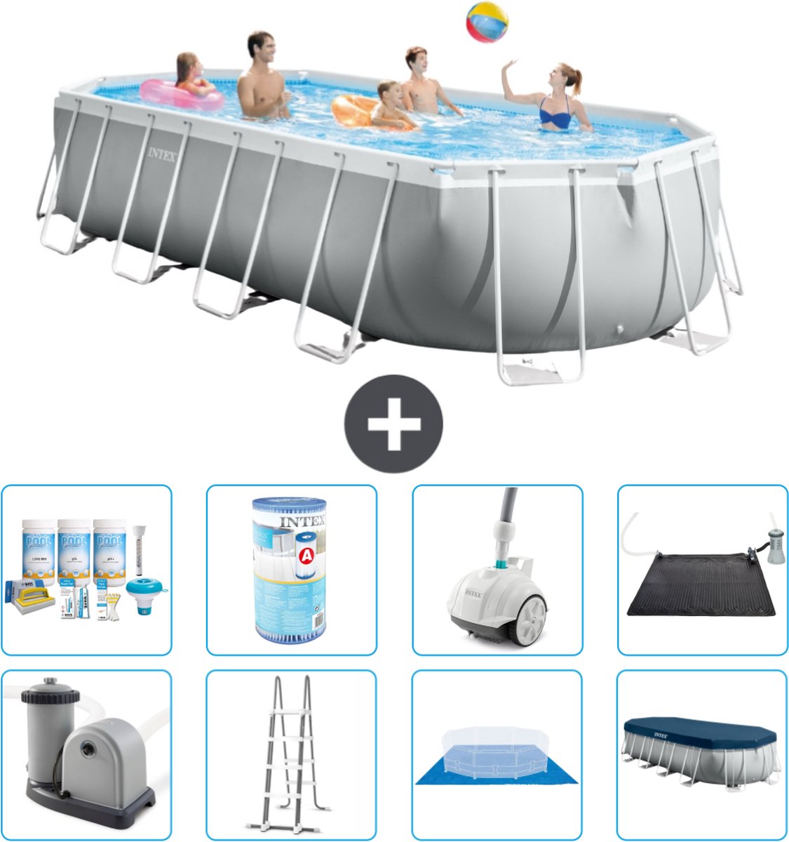 Intex Ovaal Prism Frame Zwembad - 610 x 305 x 122 cm - Grijs - Inclusief Pomp - Ladder - Grondzeil - Afdekzeil Onderhoudspakket - Filter - Stofzuiger - Solar Mat