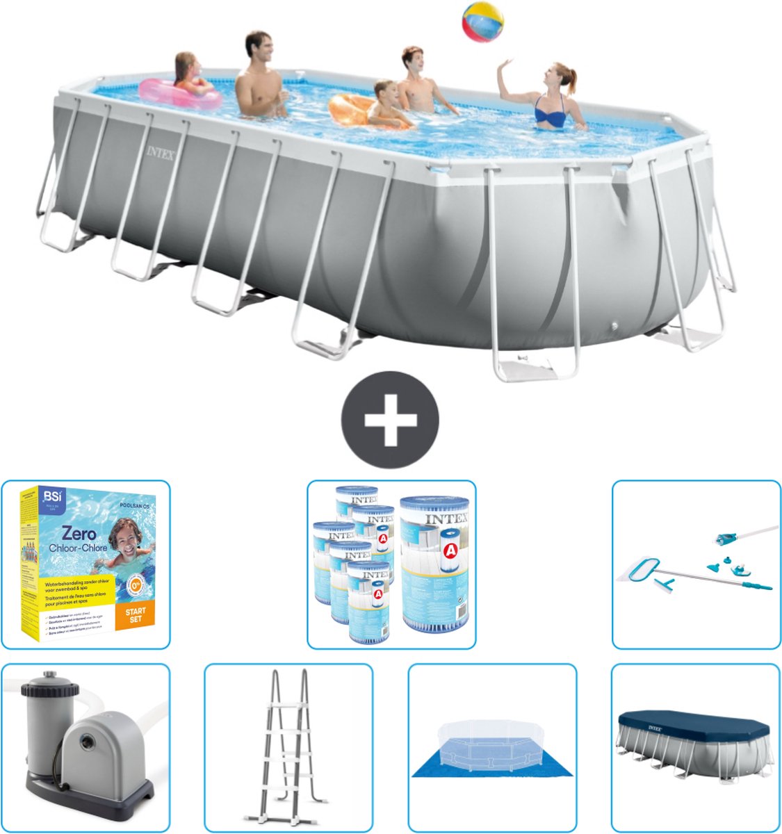 Intex Ovaal Prism Frame Zwembad - 610 x 305 x 122 cm - Grijs - Inclusief Pomp - Ladder - Grondzeil - Afdekzeil Onderhoudspakket - Filters - Schoonmaakset