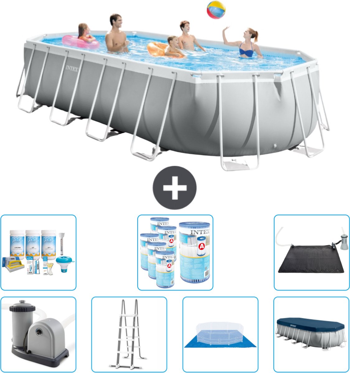 Intex Ovaal Prism Frame Zwembad - 610 x 305 x 122 cm - Grijs - Inclusief Pomp - Ladder - Grondzeil - Afdekzeil Onderhoudspakket - Filters - Solar Mat