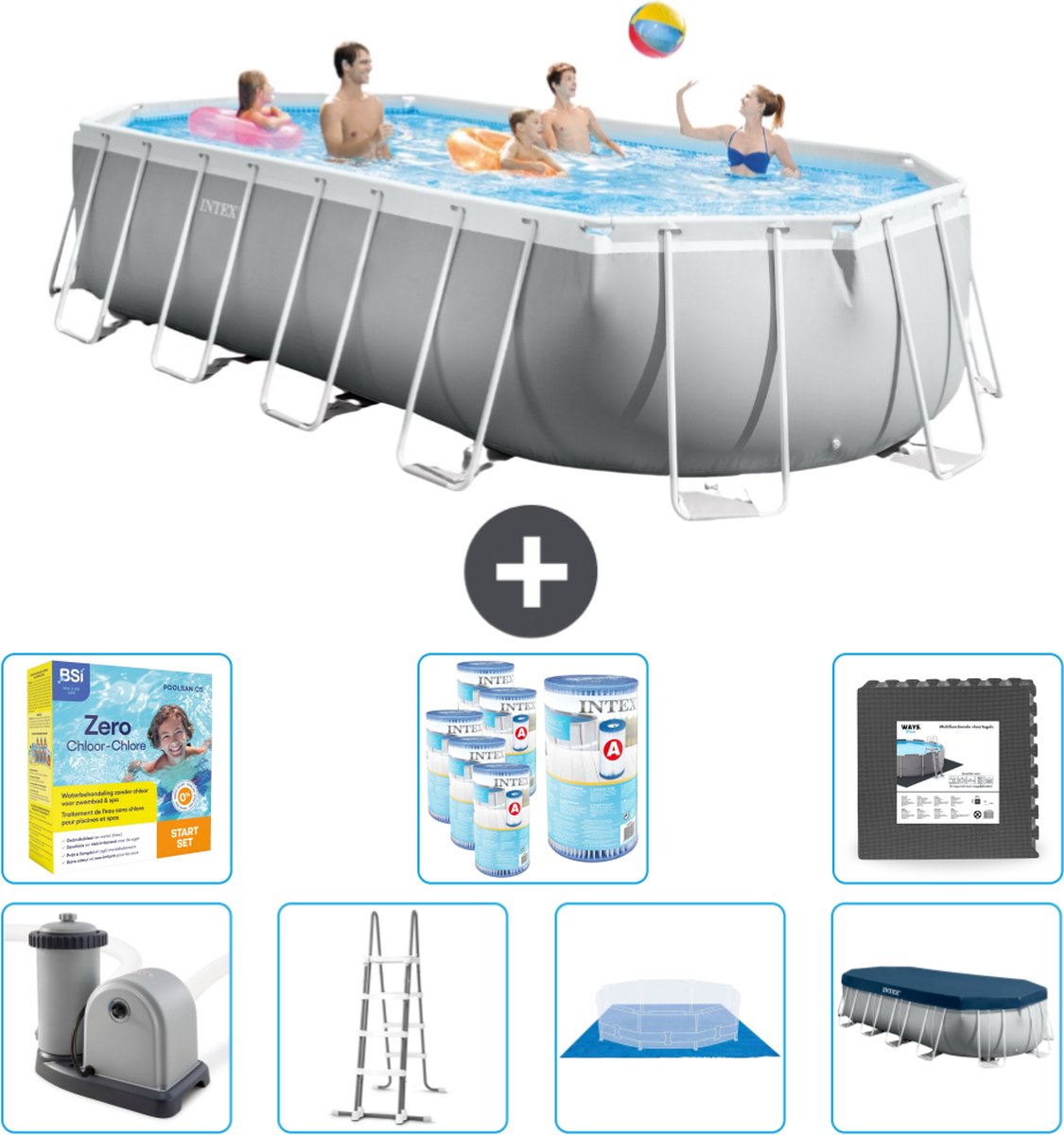 Intex Ovaal Prism Frame Zwembad - 610 x 305 x 122 cm - Grijs - Inclusief Pomp - Ladder - Grondzeil - Afdekzeil Onderhoudspakket - Filters - Vloertegels