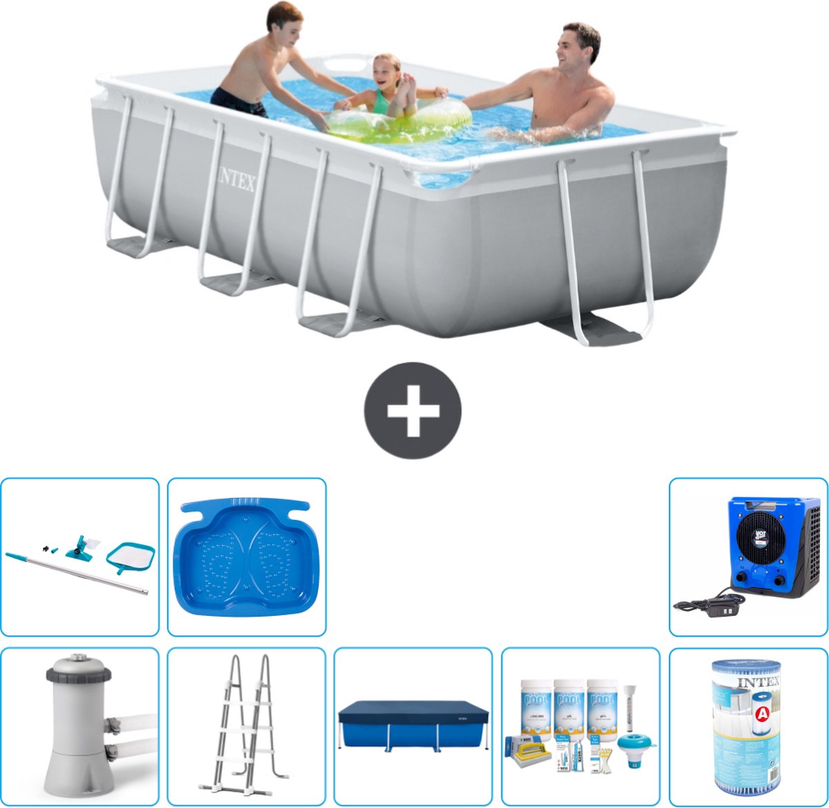 Intex Rechthoekig Prism Frame Zwembad - 300 x 175 x 80 cm - Grijs - Inclusief Pomp - Ladder Afdekzeil - Onderhoudspakket - Filter - Schoonmaakset - Voetenbad - Warmtepomp