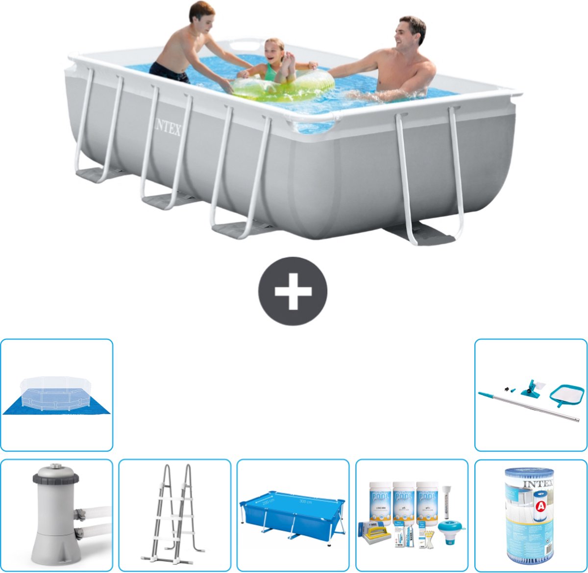 Intex Rechthoekig Prism Frame Zwembad - 300 x 175 x 80 cm - Grijs - Inclusief Pomp - Ladder Solarzeil - Onderhoudspakket - Filter - Grondzeil - Schoonmaakset