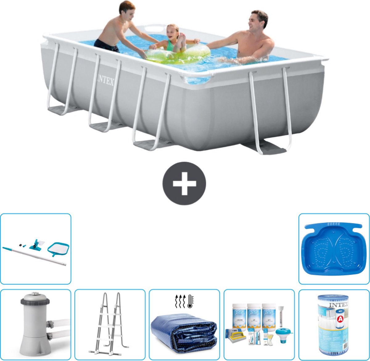 Intex Rechthoekig Prism Frame Zwembad - 300 x 175 x 80 cm - Grijs - Inclusief Pomp - Ladder Solarzeil - Onderhoudspakket - Filter - Schoonmaakset - Voetenbad