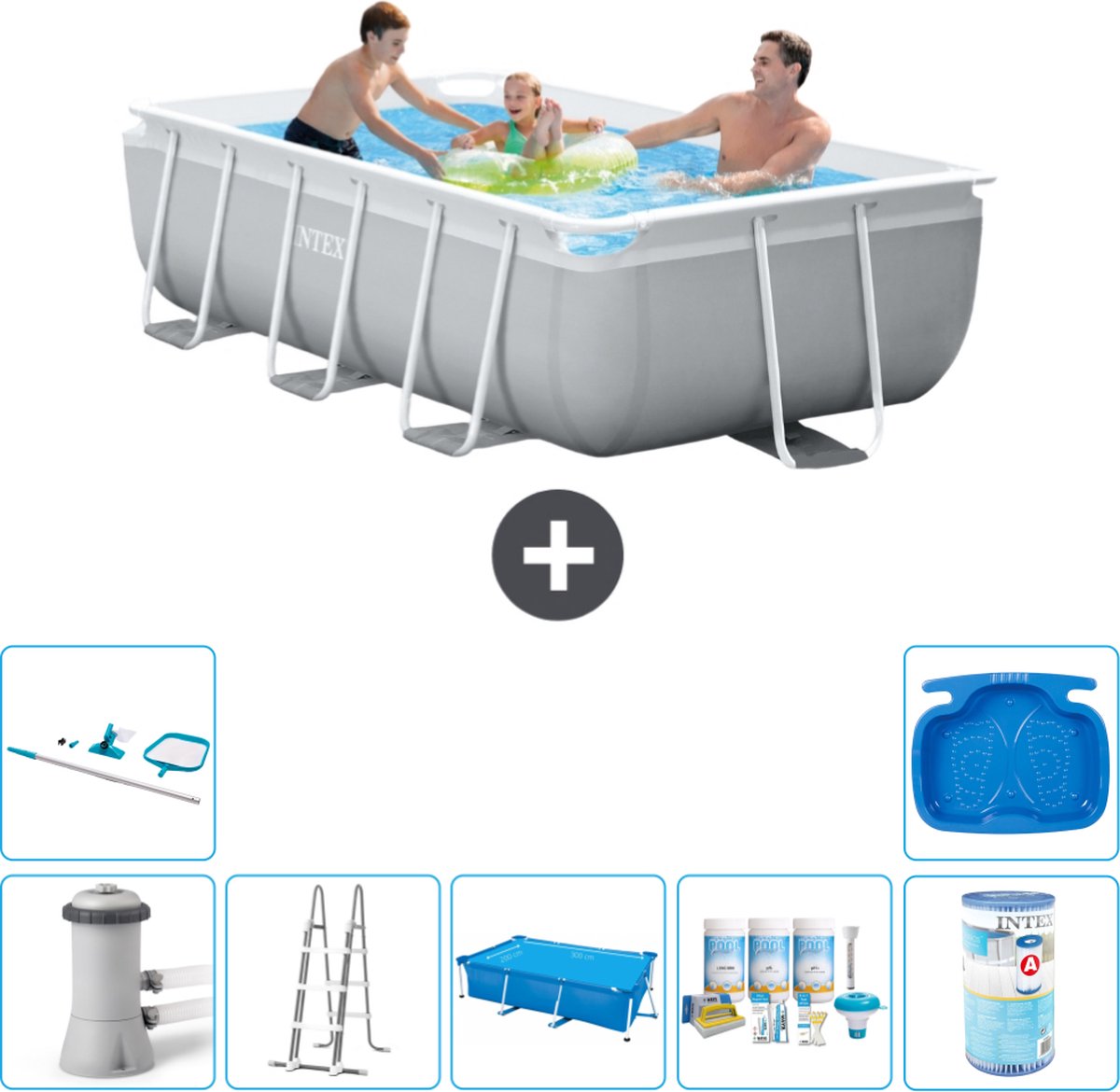 Intex Rechthoekig Prism Frame Zwembad - 300 x 175 x 80 cm - Grijs - Inclusief Pomp - Ladder Solarzeil - Onderhoudspakket - Filter - Schoonmaakset - Voetenbad