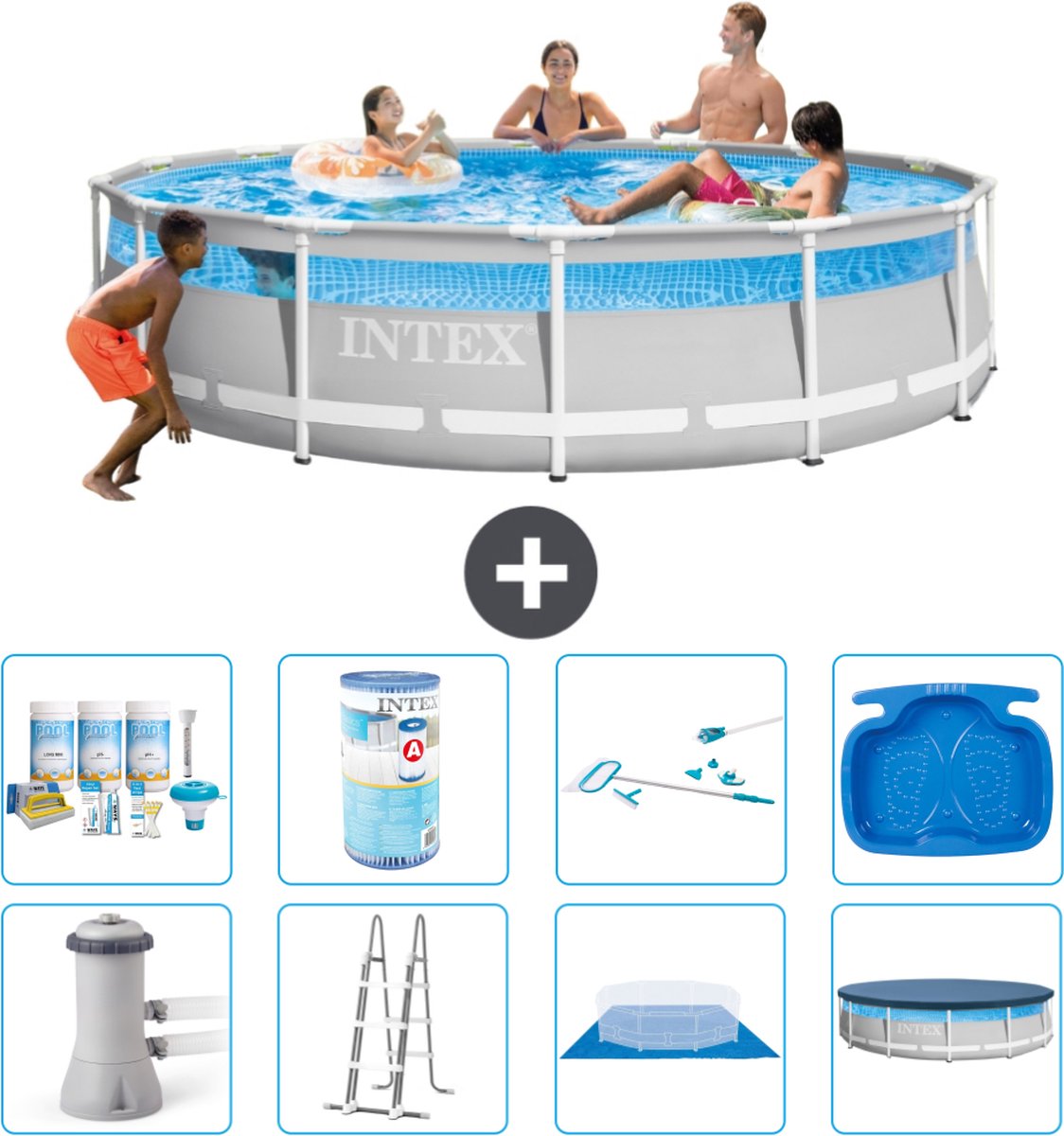 Intex Rond Prism Frame Clearview Zwembad - 427 x 107 cm - Inclusief Pomp - Ladder - Grondzeil - Afdekzeil Onderhoudspakket - Filter - Schoonmaakset - Voetenbad