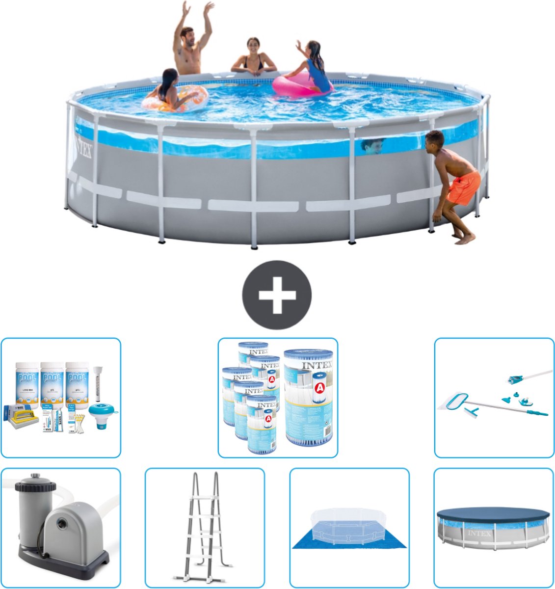 Intex Rond Prism Frame Clearview Zwembad - 488 x 122 cm - Inclusief Pomp - Ladder - Grondzeil - Afdekzeil Onderhoudspakket - Filters - Schoonmaakset