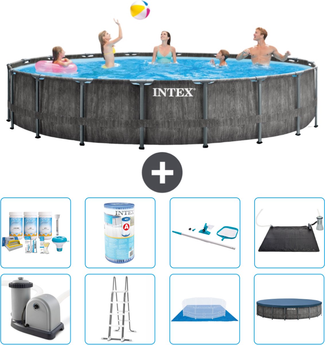 Intex Rond Prism Frame Greywood Zwembad - 549 x 122 cm - Inclusief Pomp - Ladder - Grondzeil - Afdekzeil Onderhoudspakket - Filter - Schoonmaakset - Solar Mat