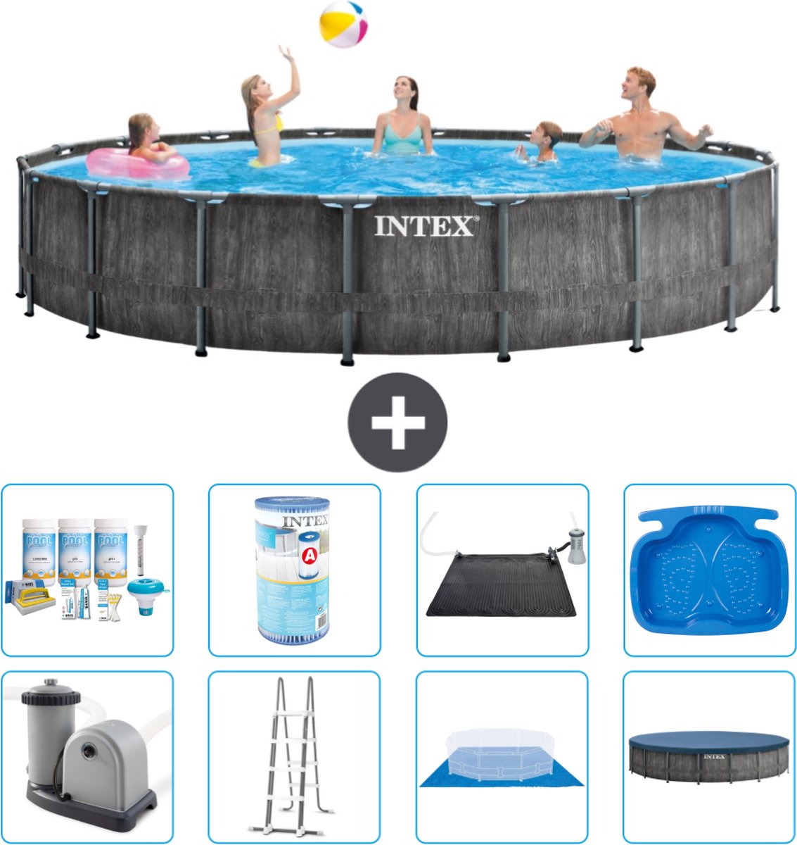 Intex Rond Prism Frame Greywood Zwembad - 549 x 122 cm - Inclusief Pomp - Ladder - Grondzeil - Afdekzeil Onderhoudspakket - Filter - Solar Mat - Voetenbad
