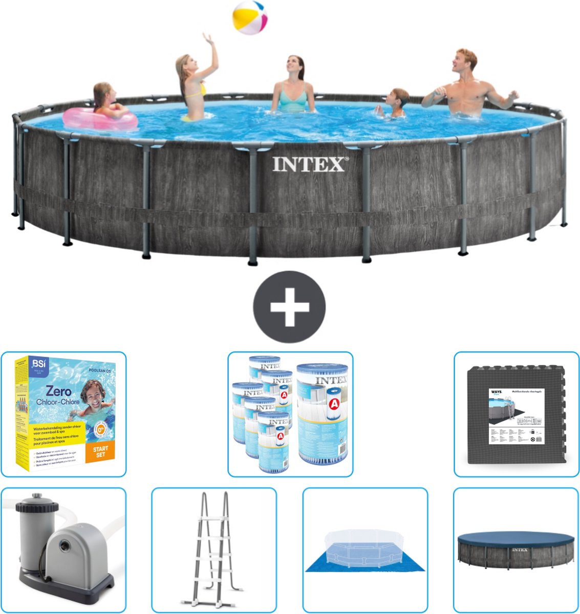 Intex Rond Prism Frame Greywood Zwembad - 549 x 122 cm - Inclusief Pomp - Ladder - Grondzeil - Afdekzeil Onderhoudspakket - Filters - Vloertegels