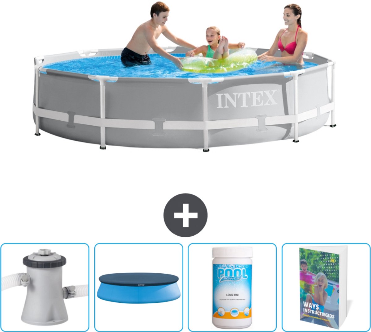 Intex Rond Prism Frame Zwembad - 305 x 76 cm - Grijs - Inclusief Pomp Afdekzeil - Chloor - Zwembadgids