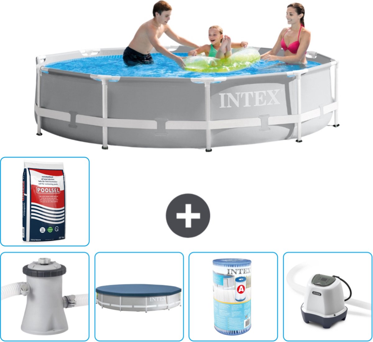 Intex Rond Prism Frame Zwembad - 305 x 76 cm - Grijs - Inclusief Pomp Afdekzeil - Filter - Zoutwatersysteem - Zwembadzout