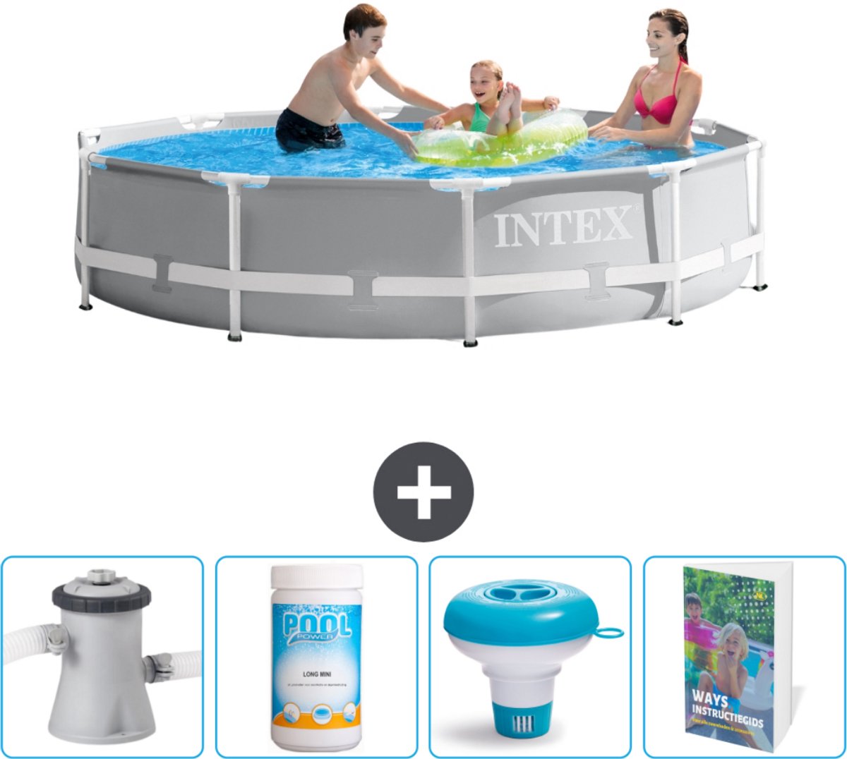 Intex Rond Prism Frame Zwembad - 305 x 76 cm - Grijs - Inclusief Pomp Chloor - Chloordrijver - Zwembadgids