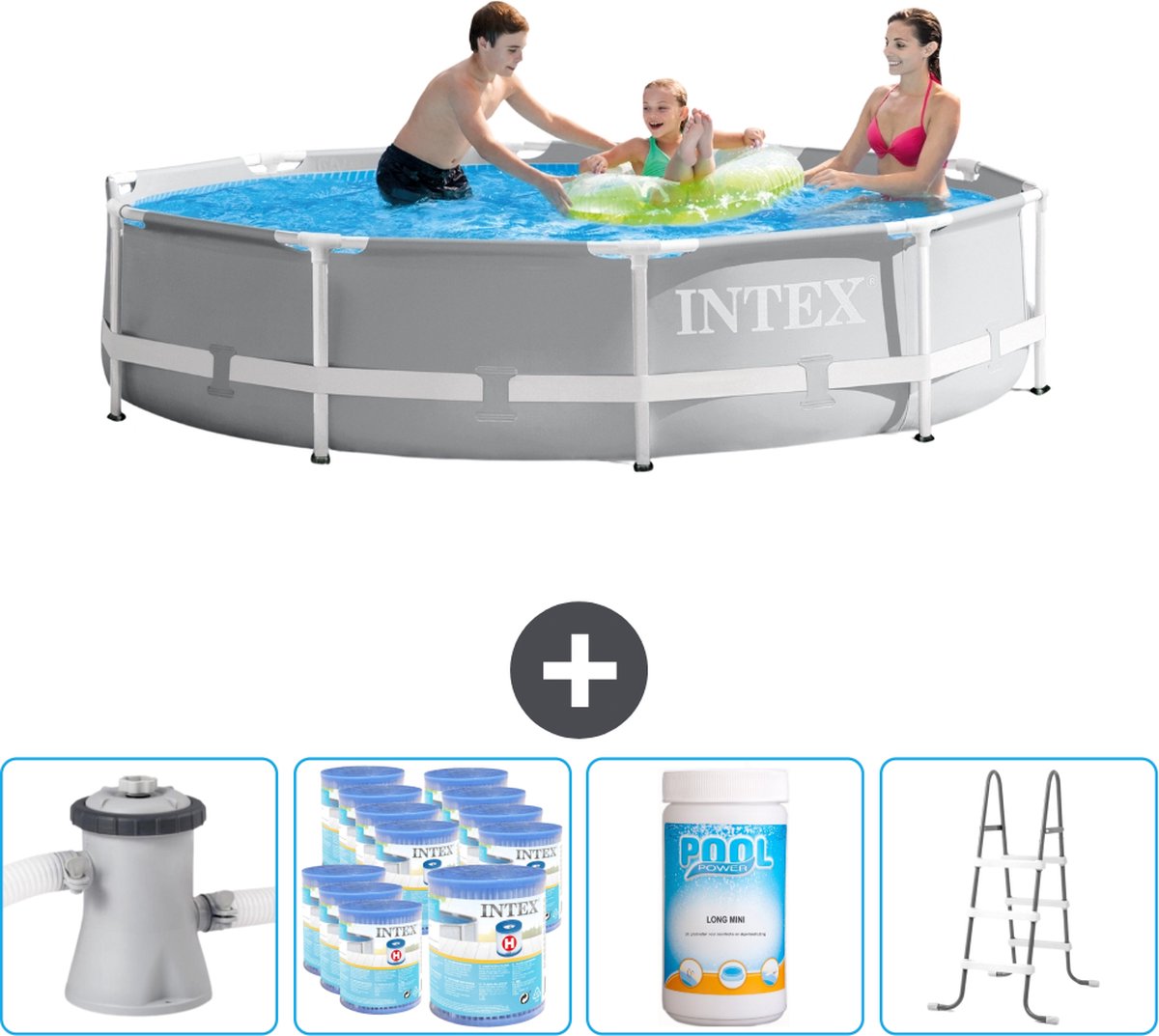 Intex Rond Prism Frame Zwembad - 305 x 76 cm - Grijs - Inclusief Pomp Filters - Chloor - Ladder