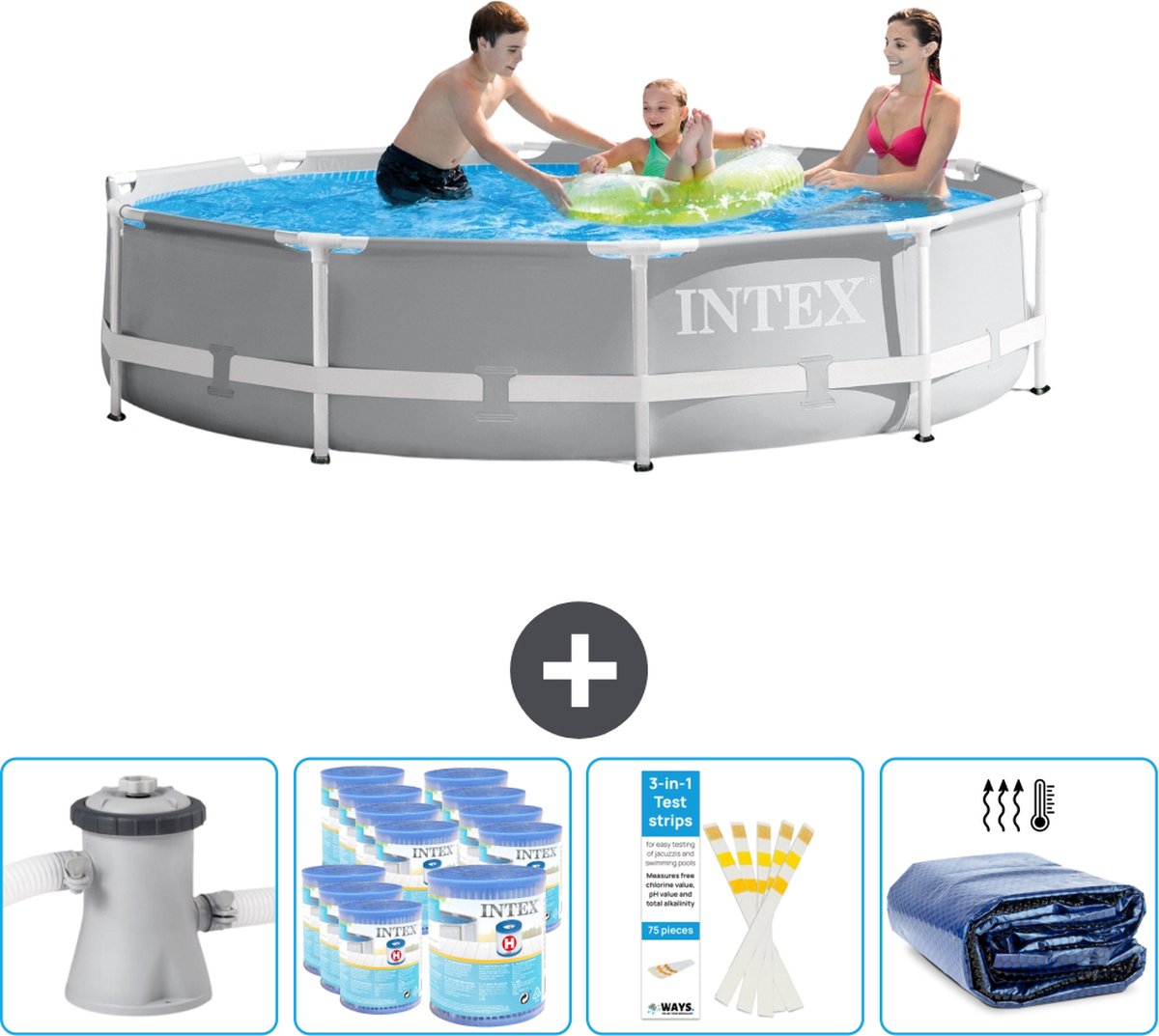 Intex Rond Prism Frame Zwembad - 305 x 76 cm - Grijs - Inclusief Pomp Filters - Testrips - Solarzeil