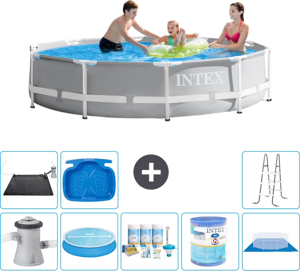 Intex Rond Prism Frame Zwembad - 305 x 76 cm - Grijs - Inclusief Pomp Solarzeil - Onderhoudspakket - Filter - Grondzeil - Solar Mat - Ladder - Voetenbad