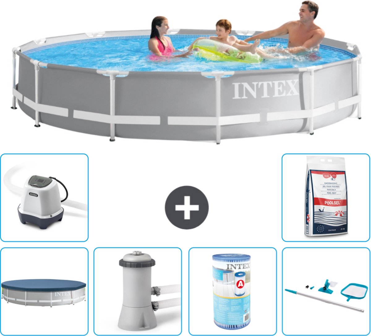 Intex Rond Prism Frame Zwembad - 366 x 76 cm - Grijs - Inclusief Afdekzeil - Zwembadfilterpomp - Filter - Schoonmaakset - Zoutwatersysteem - Zwembadzout