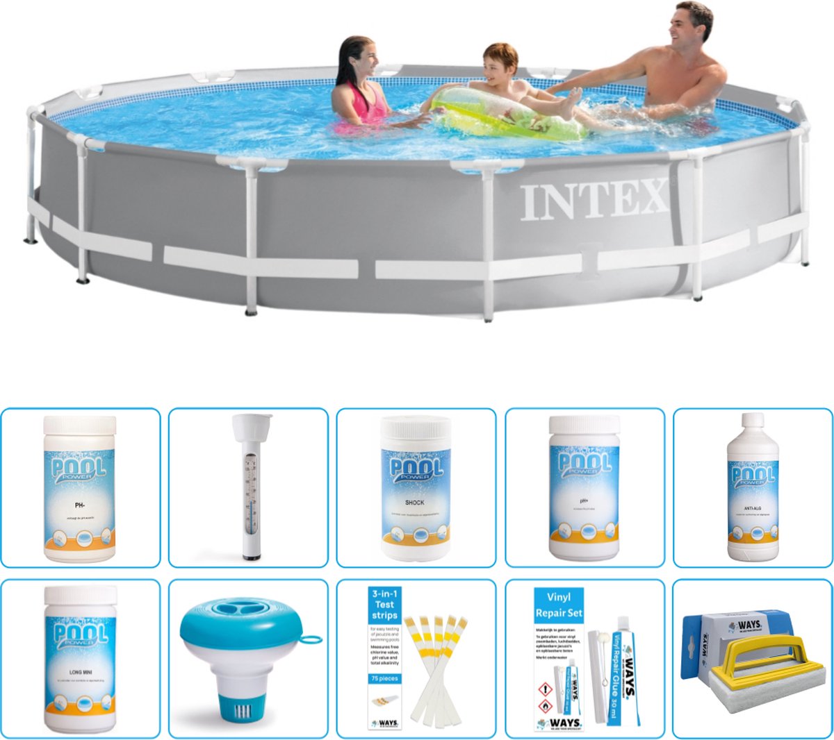 Intex Rond Prism Frame Zwembad - 366 x 76 cm - Grijs - Inclusief Chloor - Chloordrijver - Testrips - Reparatiesetje - Scrubborstel - PH-waarde - PH-waarde - Thermometer - Algen - Chloor