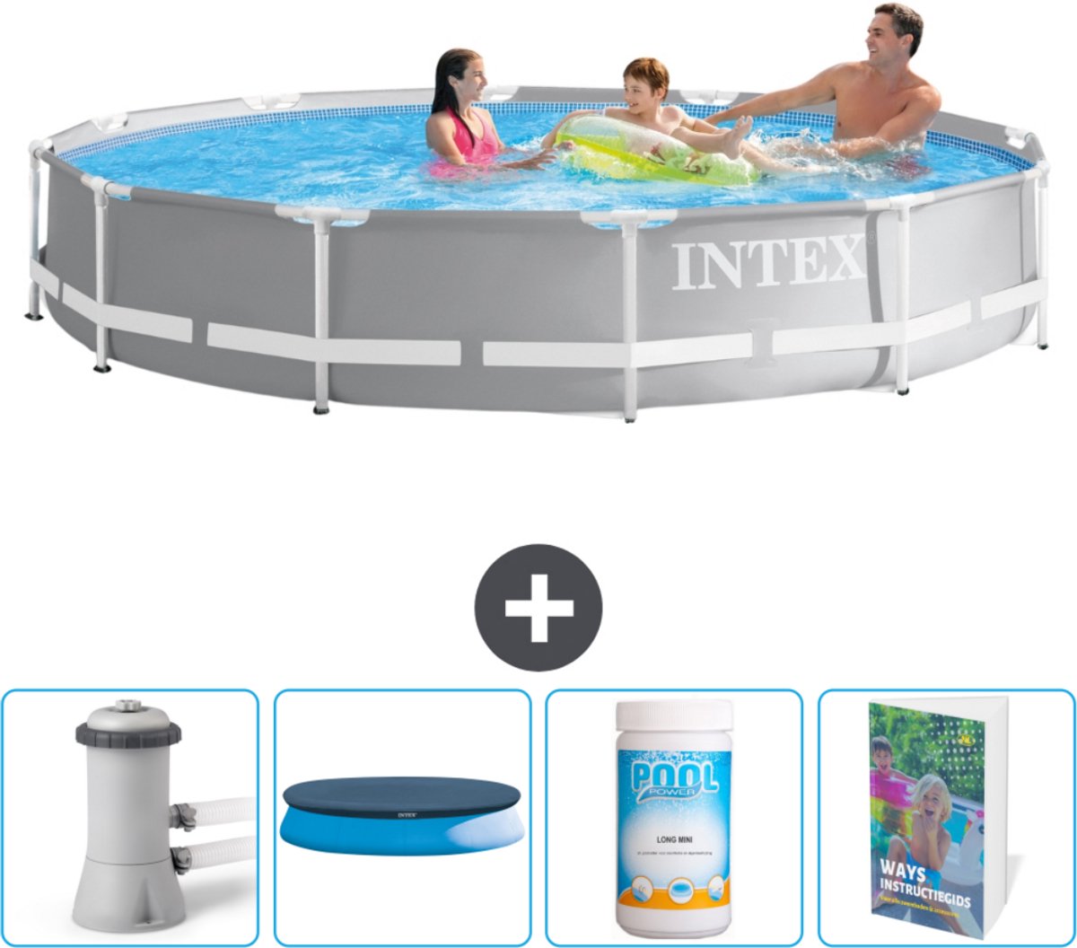 Intex Rond Prism Frame Zwembad - 366 x 76 cm - Grijs - Inclusief Pomp Afdekzeil - Chloor - Zwembadgids