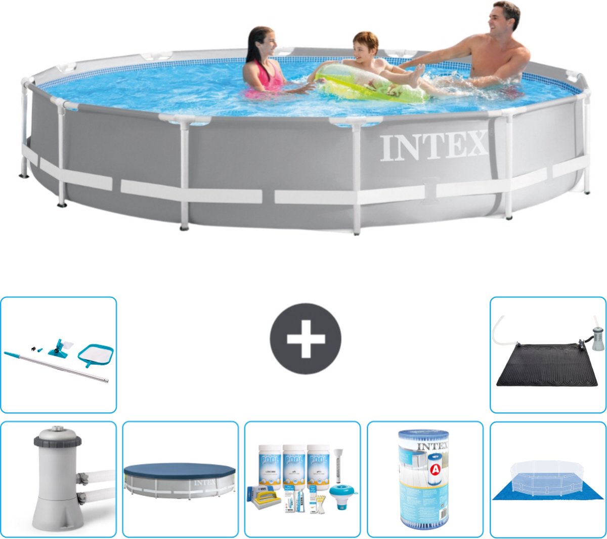 Intex Rond Prism Frame Zwembad - 366 x 76 cm - Grijs - Inclusief Pomp Afdekzeil - Onderhoudspakket - Filter - Grondzeil - Schoonmaakset - Solar Mat