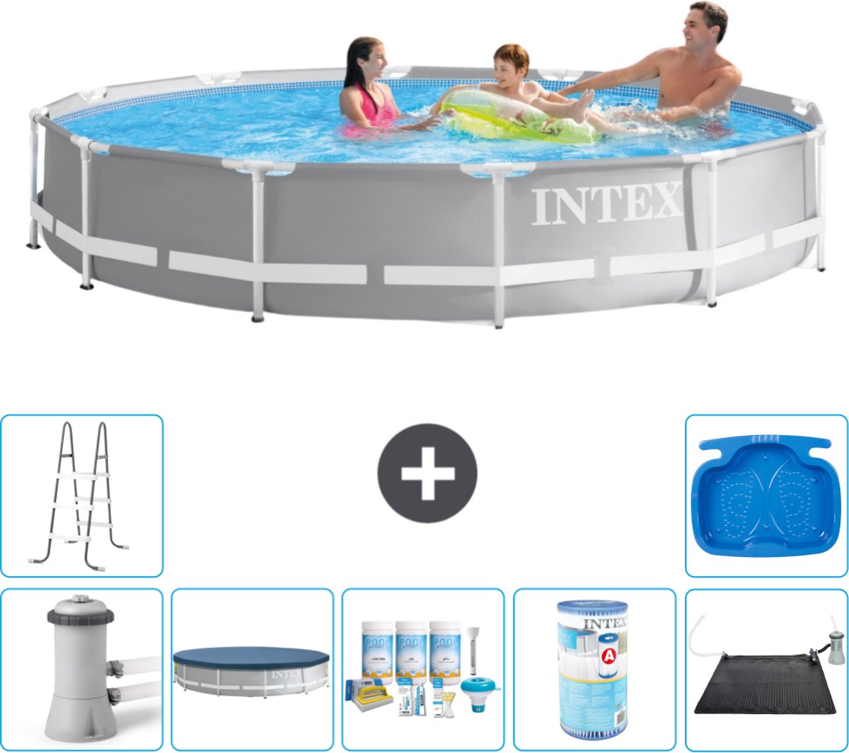 Intex Rond Prism Frame Zwembad - 366 x 76 cm - Grijs - Inclusief Pomp Afdekzeil - Onderhoudspakket - Filter - Solar Mat - Ladder - Voetenbad