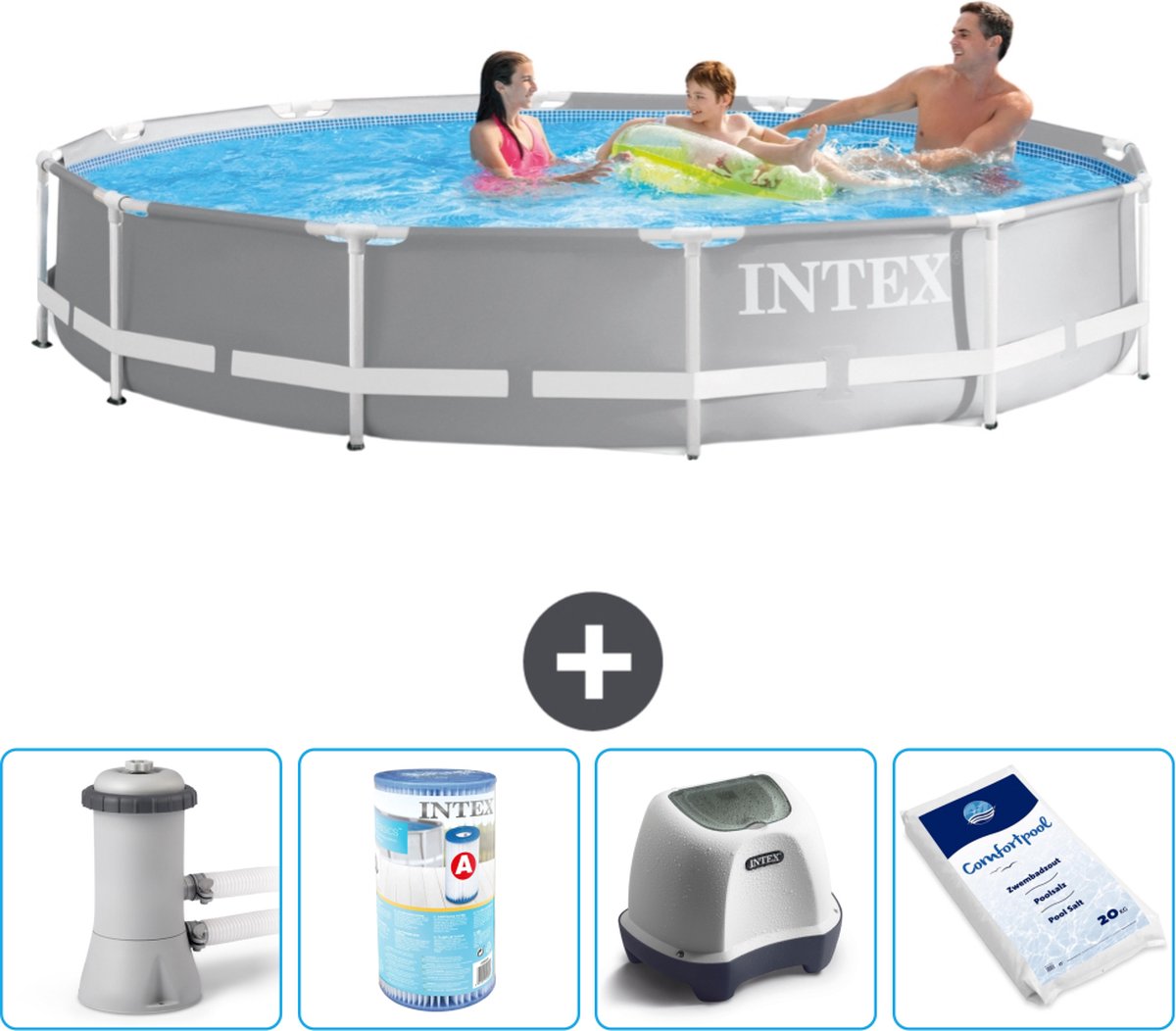 Intex Rond Prism Frame Zwembad - 366 x 76 cm - Grijs - Inclusief Pomp Filter - Zoutwatersysteem - Zwembadzout