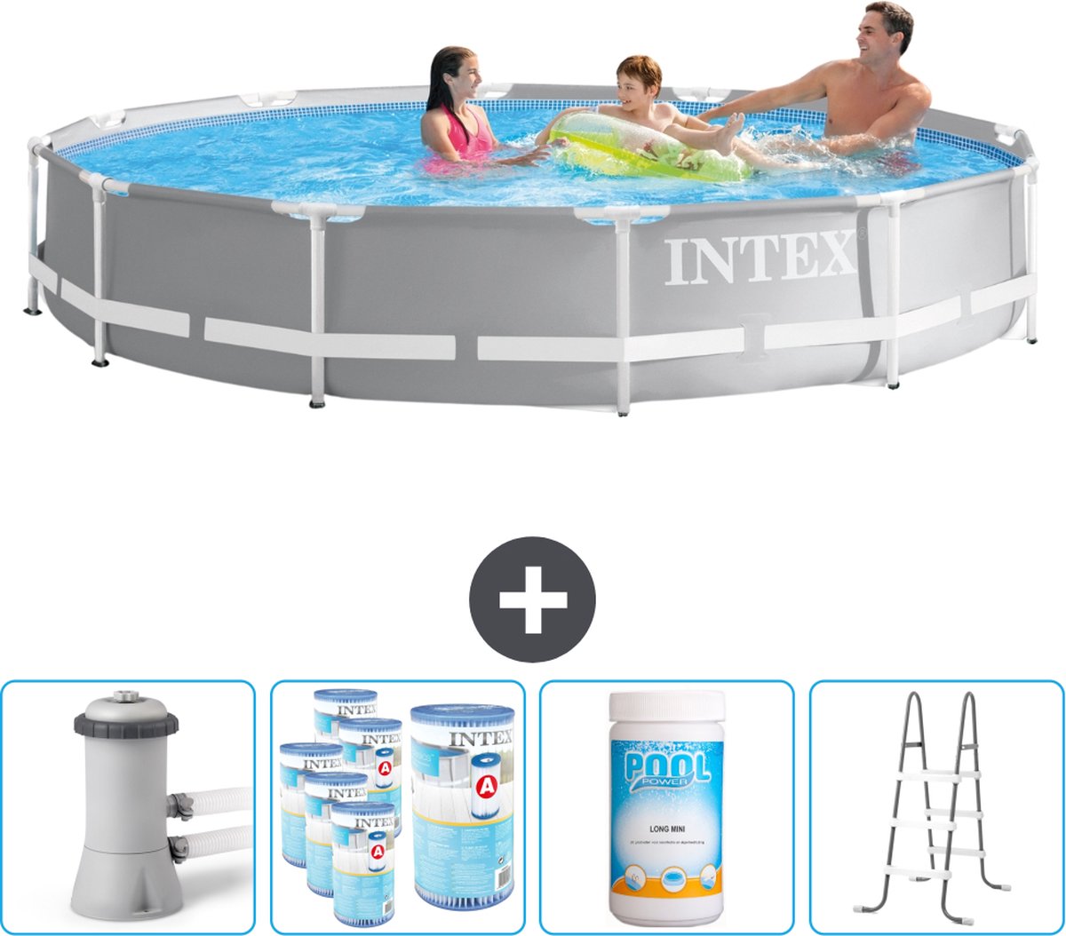 Intex Rond Prism Frame Zwembad - 366 x 76 cm - Grijs - Inclusief Pomp Filters - Chloor - Ladder