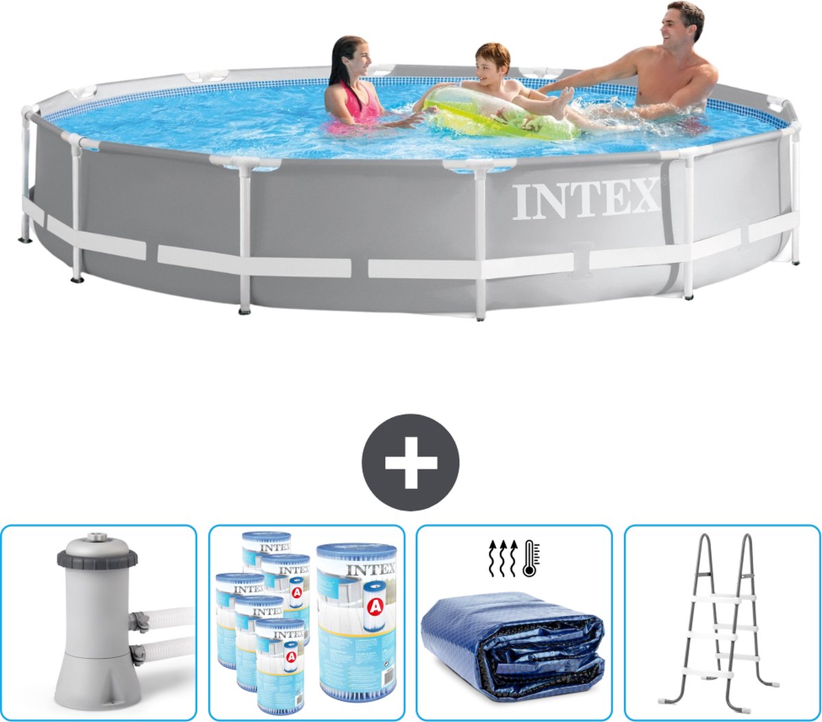 Intex Rond Prism Frame Zwembad - 366 x 76 cm - Grijs - Inclusief Pomp Filters - Solarzeil - Ladder
