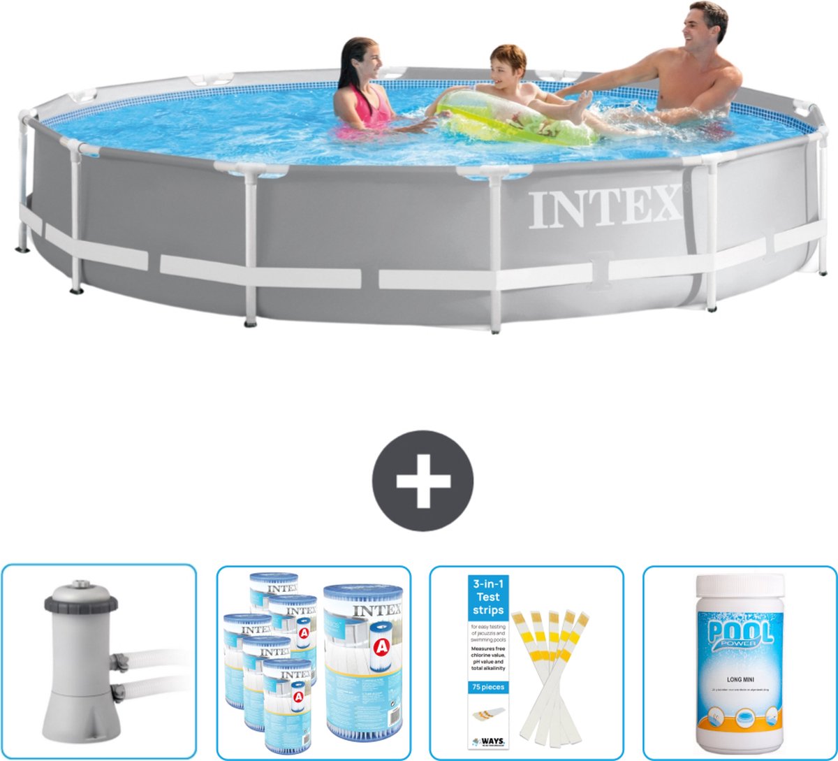 Intex Rond Prism Frame Zwembad - 366 x 76 cm - Grijs - Inclusief Pomp Filters - Testrips - Chloor