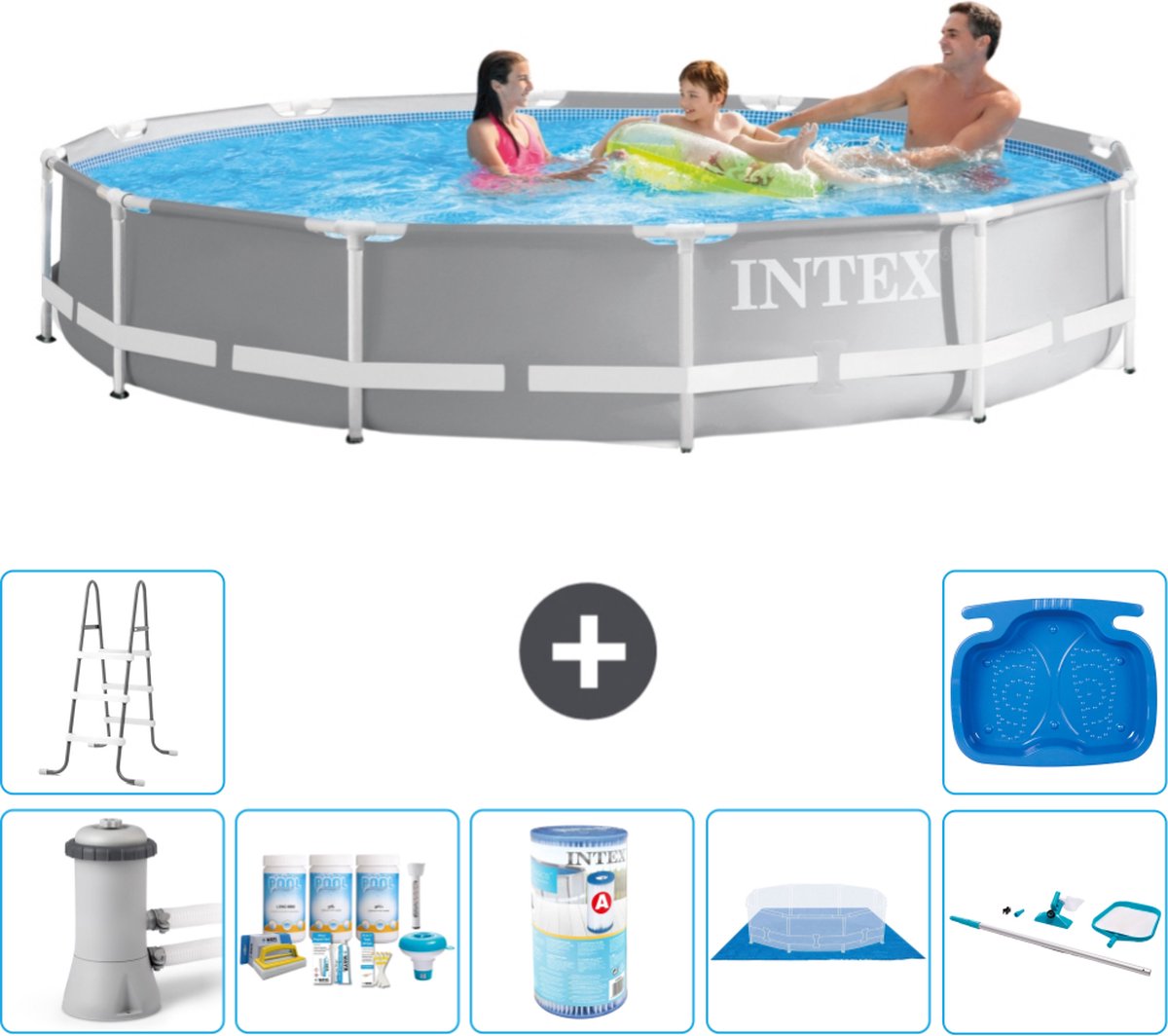 Intex Rond Prism Frame Zwembad - 366 x 76 cm - Grijs - Inclusief Pomp Onderhoudspakket - Filter - Grondzeil - Schoonmaakset - Ladder - Voetenbad