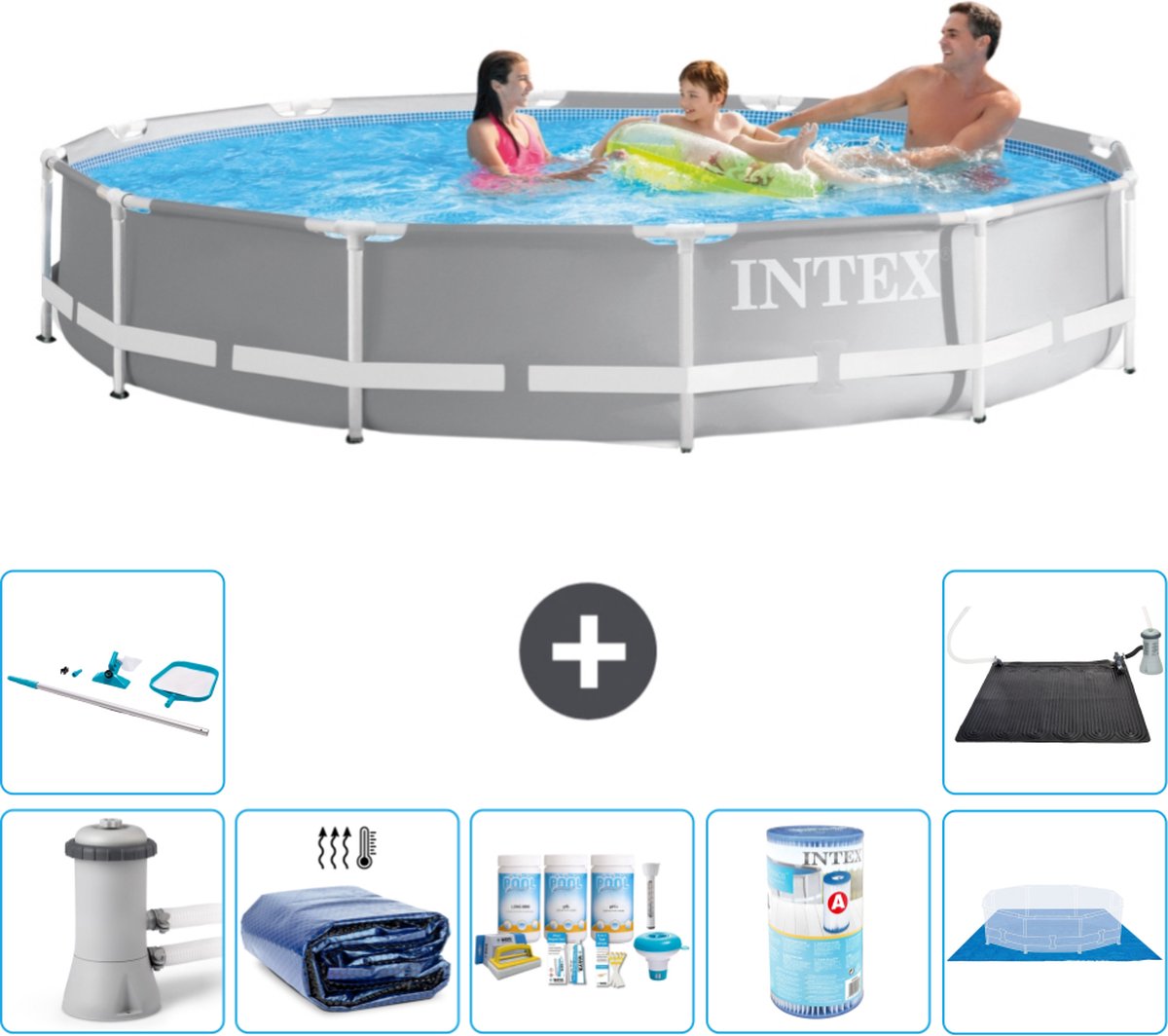 Intex Rond Prism Frame Zwembad - 366 x 76 cm - Grijs - Inclusief Pomp Solarzeil - Onderhoudspakket - Filter - Grondzeil - Schoonmaakset - Solar Mat
