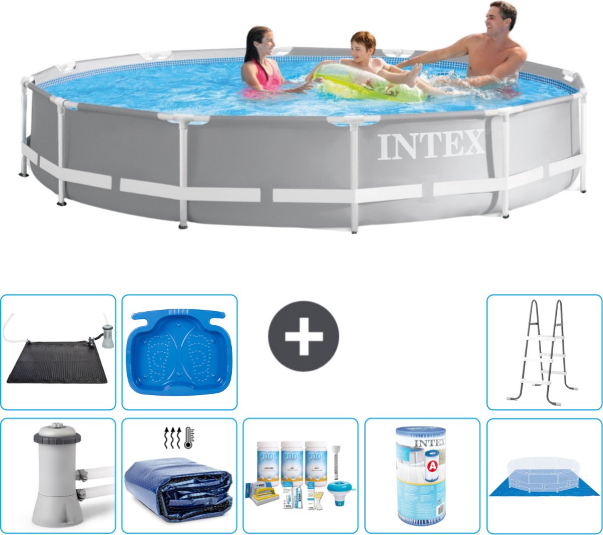 Intex Rond Prism Frame Zwembad - 366 x 76 cm - Grijs - Inclusief Pomp Solarzeil - Onderhoudspakket - Filter - Grondzeil - Solar Mat - Ladder - Voetenbad