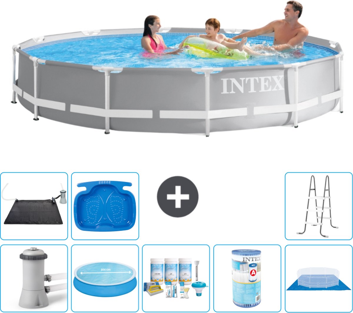 Intex Rond Prism Frame Zwembad - 366 x 76 cm - Grijs - Inclusief Pomp Solarzeil - Onderhoudspakket - Filter - Grondzeil - Solar Mat - Ladder - Voetenbad