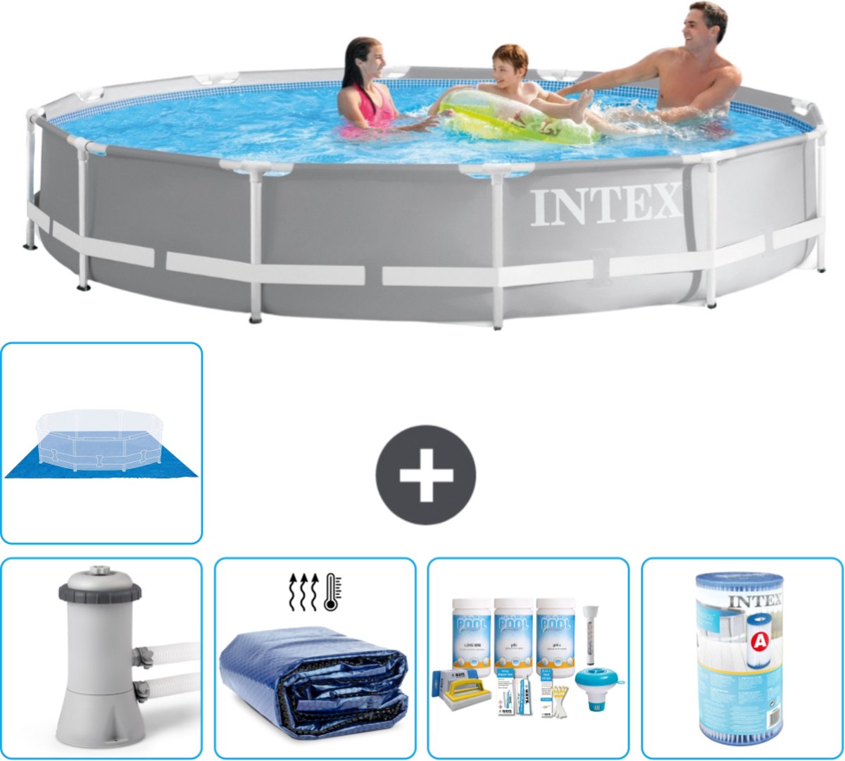 Intex Rond Prism Frame Zwembad - 366 x 76 cm - Grijs - Inclusief Pomp Solarzeil - Onderhoudspakket - Filter - Grondzeil - Solar Mat