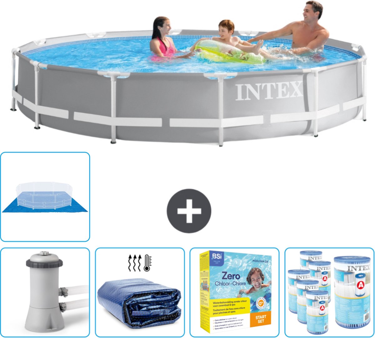 Intex Rond Prism Frame Zwembad - 366 x 76 cm - Grijs - Inclusief Pomp Solarzeil - Onderhoudspakket - Filters - Grondzeil