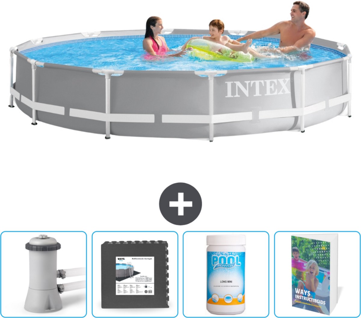 Intex Rond Prism Frame Zwembad - 366 x 76 cm - Grijs - Inclusief Pomp Vloertegels - Chloor - Zwembadgids