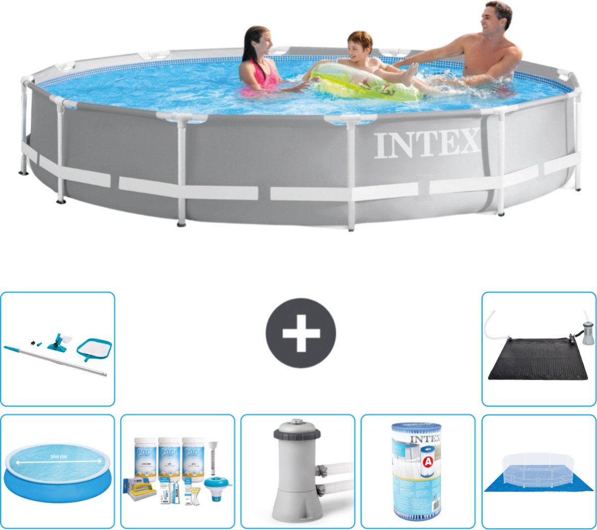 Intex Rond Prism Frame Zwembad - 366 x 76 cm - Grijs - Inclusief Solarzeil - Onderhoudspakket - Zwembadfilterpomp - Filter - Grondzeil - Schoonmaakset - Solar Mat