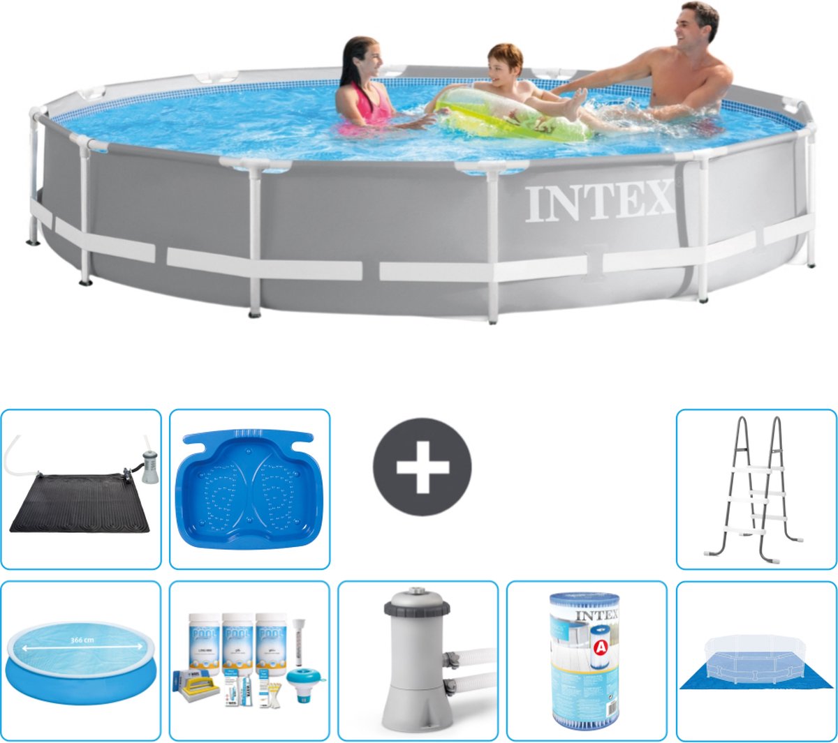 Intex Rond Prism Frame Zwembad - 366 x 76 cm - Grijs - Inclusief Solarzeil - Onderhoudspakket - Zwembadfilterpomp - Filter - Grondzeil - Solar Mat - Ladder - Voetenbad